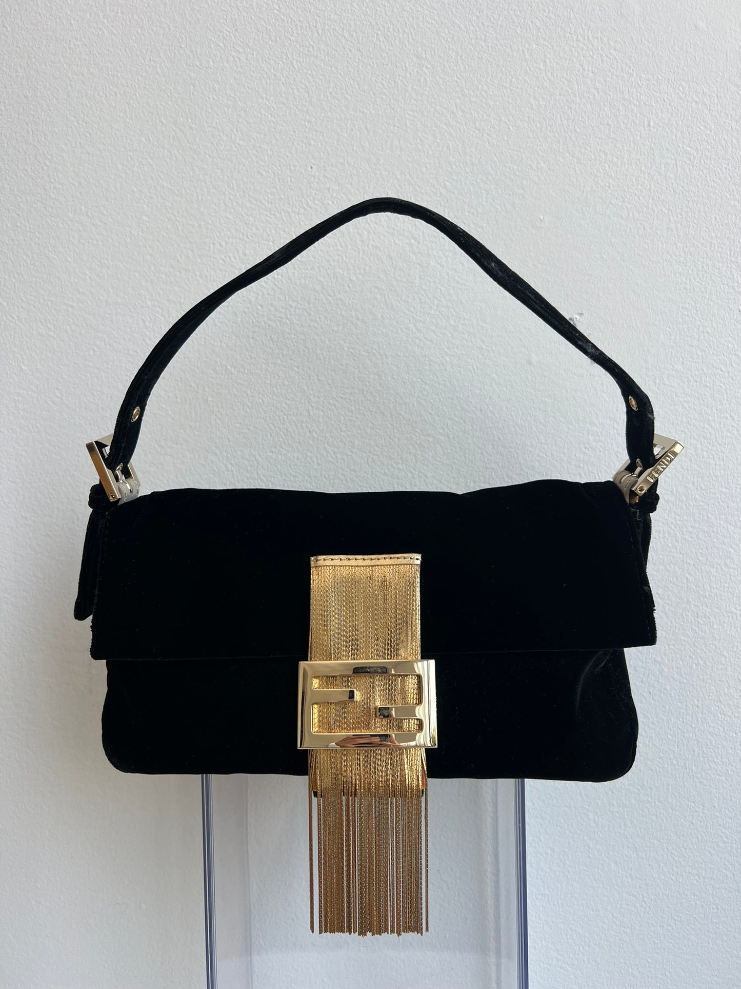 FENDI BLACK VELVET FRINGE BAGUETTE